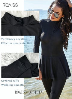 roaiss One-Piece Women's Conservative Swimsuit Set Muslim Ruffled Hem Swimsuit Long-Sleeved Trousers Ladies Beachwear Skirt Surfing Sunscreen Dress Arabic Clothing Pure Black  - Image 3