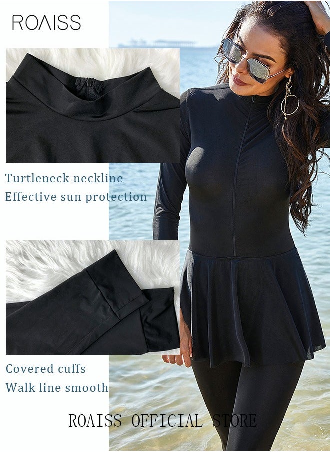 roaiss - One-Piece Women's Conservative Swimsuit Set Muslim Ruffled Hem Swimsuit Long-Sleeved Trousers Ladies Beachwear Skirt Surfing Sunscreen Dress Arabic Clothing Pure Black - Image 1