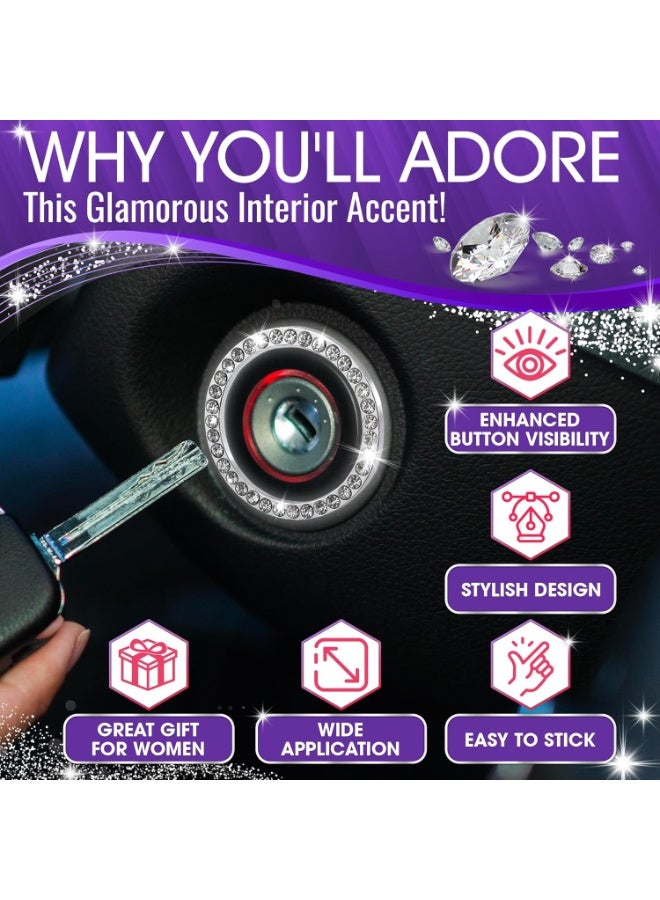 Crystal Rhinestone Car Bling Ring Emblem Sticker, Bling Car Accessories for Women, Push to Start Button, Key Ignition Starter & Knob Ring, Interior Glam Car Decor Accessory (Silver) - Image 4