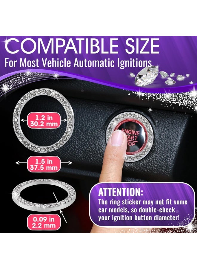 Crystal Rhinestone Car Bling Ring Emblem Sticker, Bling Car Accessories for Women, Push to Start Button, Key Ignition Starter & Knob Ring, Interior Glam Car Decor Accessory (Silver) - Image 2