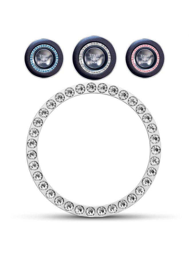 Crystal Rhinestone Car Bling Ring Emblem Sticker, Bling Car Accessories for Women, Push to Start Button, Key Ignition Starter & Knob Ring, Interior Glam Car Decor Accessory (Silver) - Image 1