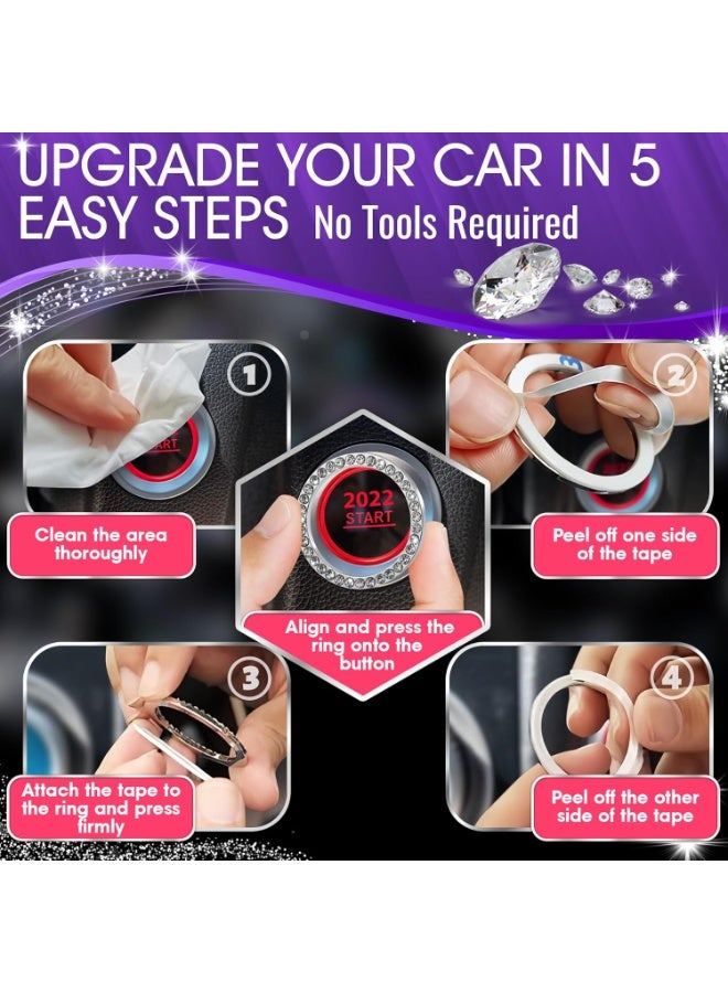 Crystal Rhinestone Car Bling Ring Emblem Sticker, Bling Car Accessories for Women, Push to Start Button, Key Ignition Starter & Knob Ring, Interior Glam Car Decor Accessory (Silver) - Image 5