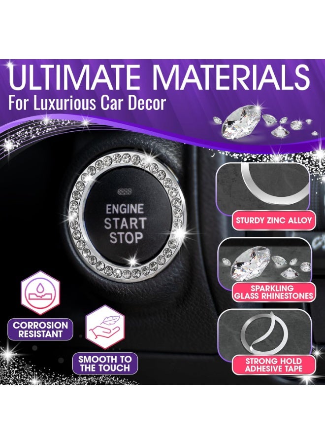 Crystal Rhinestone Car Bling Ring Emblem Sticker, Bling Car Accessories for Women, Push to Start Button, Key Ignition Starter & Knob Ring, Interior Glam Car Decor Accessory (Silver) - Image 3