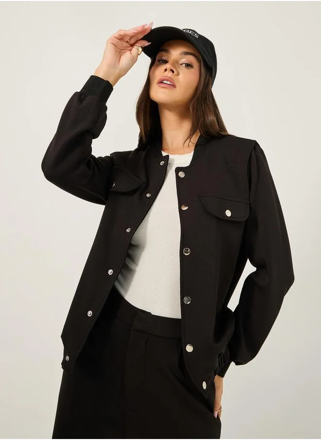 Styli Solid Regular Fit Jacket with Utility Pockets Detail