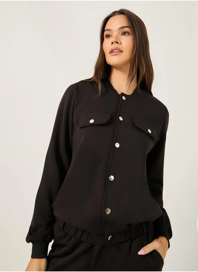 Styli Solid Regular Fit Jacket with Utility Pockets Detail