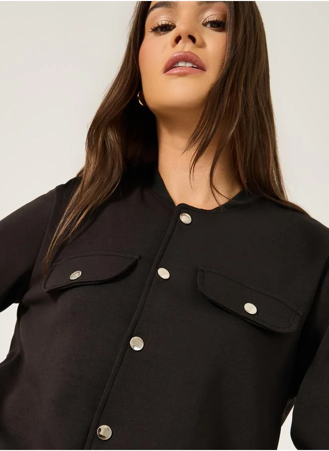 Styli Solid Regular Fit Jacket with Utility Pockets Detail