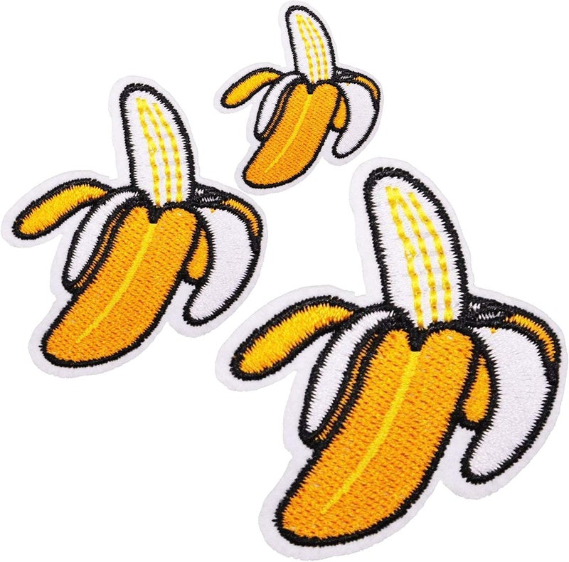U-Sky Sew or Iron on Embroidered Patches | Realistic Peeled Banana Design for Foodie-Lover | 3 Sizes (3.3"x4.1"+3.1"x2.5"+2.2"x1.7") | Textile Art for Fun Family Parent-Child Crafting​ | 3PCs Pack - Image 1