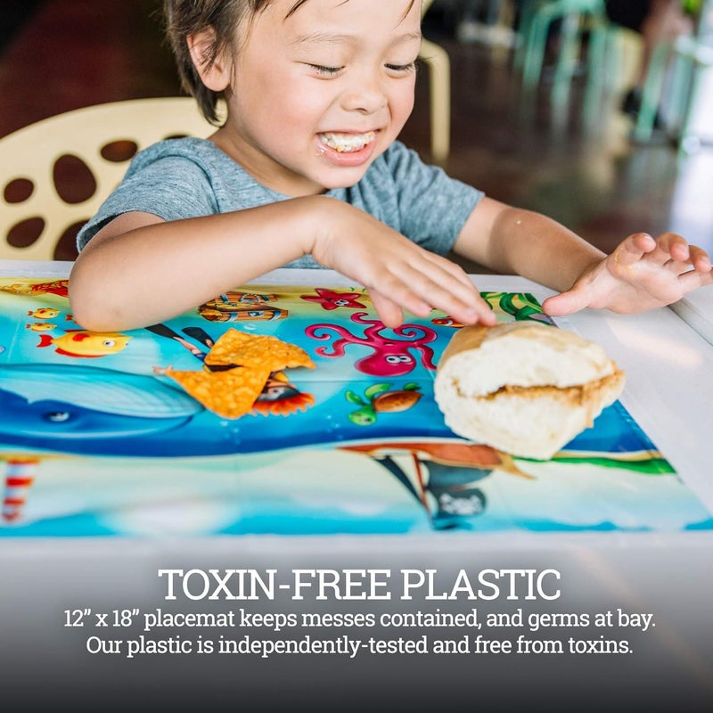 HomeWorthy 20 Pack Disposable Placemats for Baby, 3 Design Pack Baby Eating Mat, 12" x 18" Sticky Kids Placemats, Toddler Placemat for Restaurants, Plastic Kids Placemat for Dining Table - Image 2
