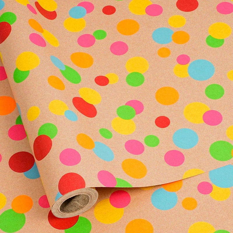BIOBROWN Kraft Wrapping Paper Roll Colorful Polka Dots Design Perfect for Birthday Holiday Wrap 17 inch X 33 feet - Image 1