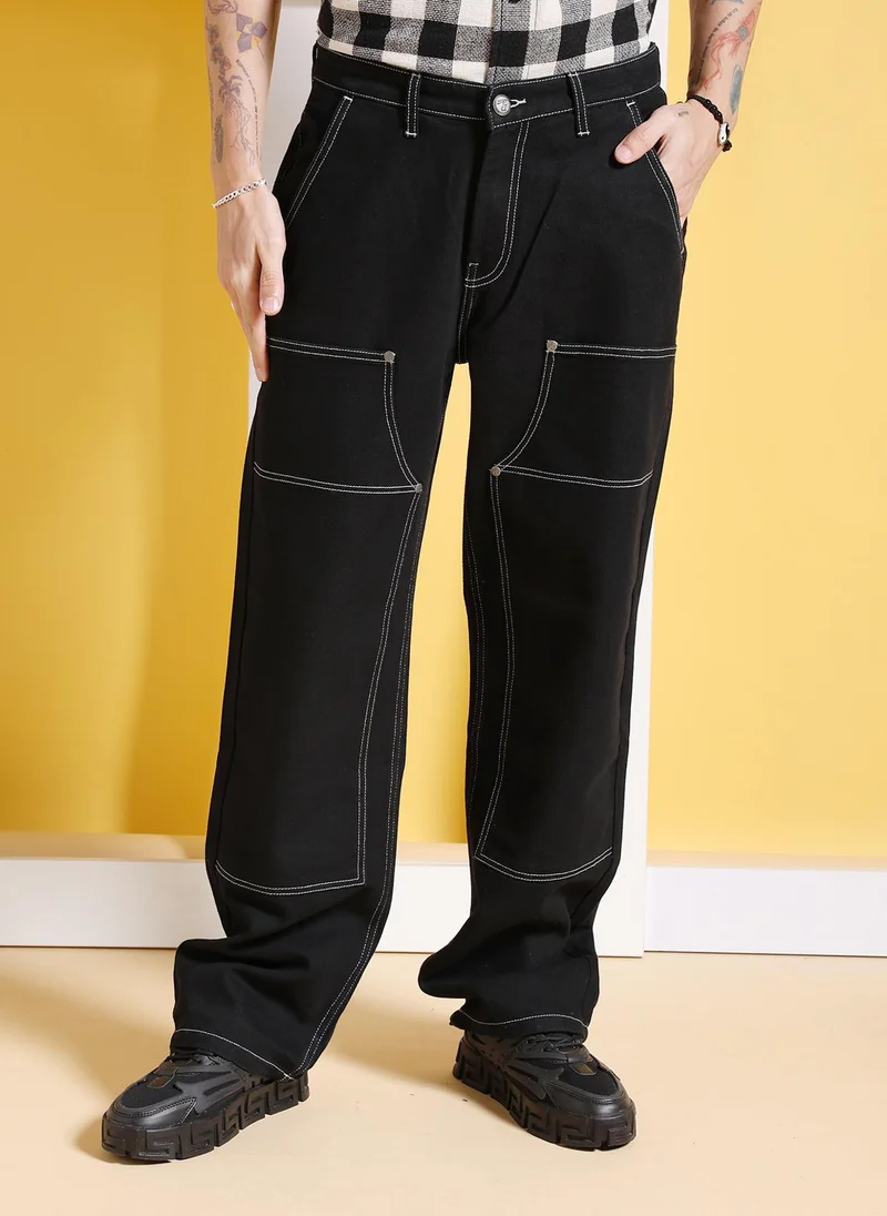 Men Baggy Contrast Mid-Rise Carpenter Denim