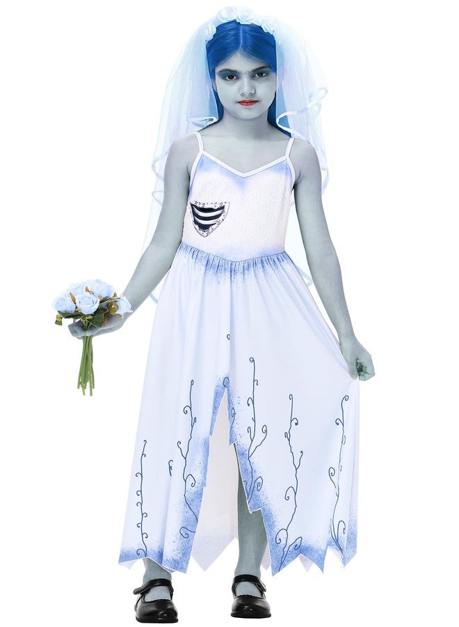 AOBUTE Halloween Zombie Bride Blue Dress Girls Corpse Emily Sleeveless Wedding Dresses Movie Party Outfits 7-8 Years - Image 1