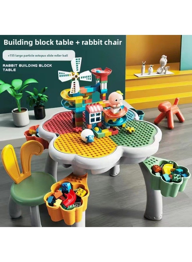 طاولة مكعبات بناء Wangao متوافقة مع مكعبات بناء الأطفال من ليجو، ألعاب طاولة دراسة متعددة الوظائف - اللون: طاولة بتلات + كرسي أرنب 1 + أربعة صناديق تخزين + 155 كرة دوارة منزلق جسيمات كبيرة للأخطبوط - Image 1