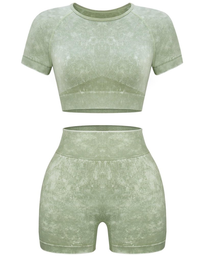 OLCHEE Womens Workout Sets 2 Piece - Seamless Acid Wash Yoga Outfits Leggings Shorts and Crop Top Matching Gym Activewear Athletic Clothing Set - Green Medium - Image 1