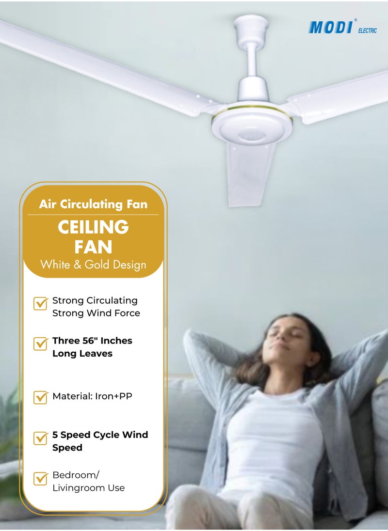 MODI MODI 56 Inch 3-Blade Indoor Ceiling Fan White And 5 Speed Control  - Image 3