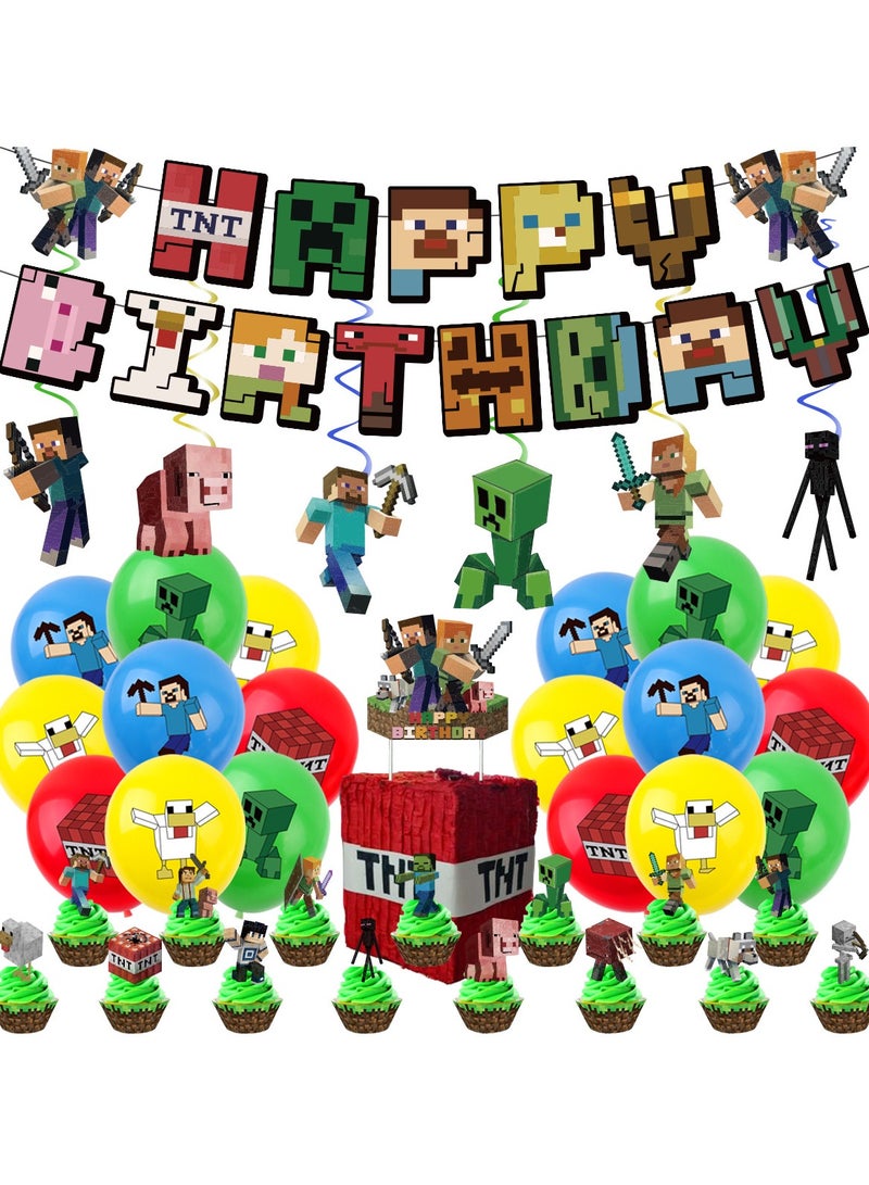 bbet 46 Pieces Pieces Minecraft Theme Birthday Decorations for Children's Birthday Supplies, Party Decorations Set for Girls Women Men Kids Baby - Image 1