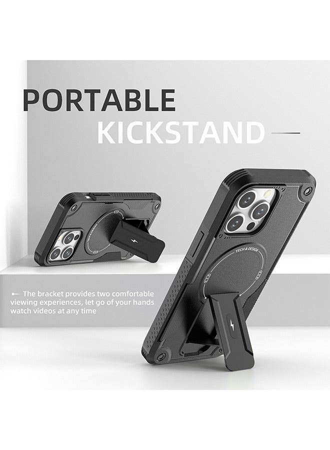غطاء لآيفون 15 برو ماكس ، حامل مدمج متوافق مع MagSafe غطاء هاتف عمودي وأفقي مقاوم للصدمات من الدرجة العسكرية لهاتف iPhone 15 Pro Max - أسود - Image 4