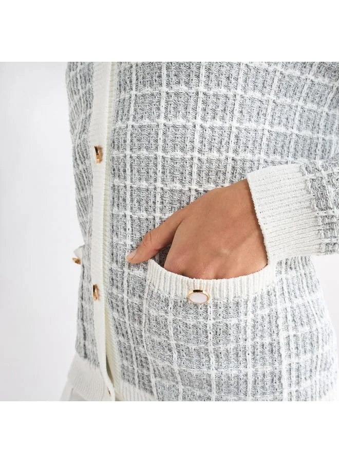 Splash FAV Checked V-Neck Cardigan with Button Closure and Pockets