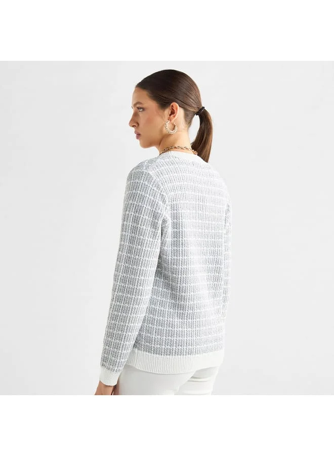 Splash FAV Checked V-Neck Cardigan with Button Closure and Pockets