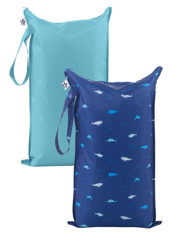 Tiny Twinkle Mess-proof Wet Bags 2 Pack Waterproof and Washable Bag for Travel storage, Stroller, Daycare, Baby Diapers, Yoga, Beach, Pool, Wet Toddler Swimsuits (Ocean) - Image 1