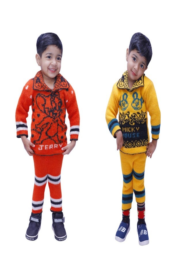 Shivarth Winter Woolen Sweater with Pajyama Collar Full Sleeve Striped (1-2 Years Set of 2) Design Cartoon Printed Multicolour Pullover Sweater for Baby Girl - Image 1