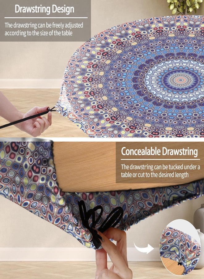 opstellen Fitted Vinyl Round Tablecloth for 36-44" Table Boho Waterproof Reusable Summer Fall Tableclothes Campers Inside Outdoors Supplies Dining Room Kitchen Needs White Elephant Gifts - Image 3