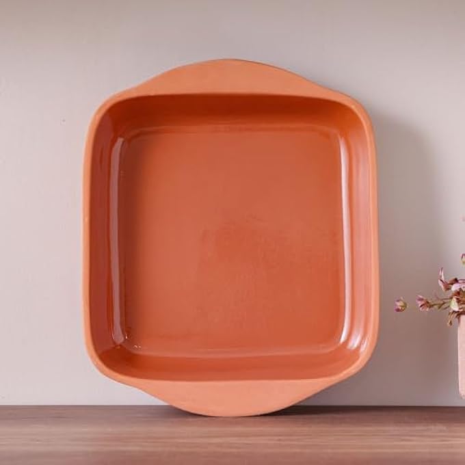 ريحني صينية فرن طينية بلون داخلي من التيراكوتا مربعة الأبعاد بلون بني 23x23×65 سم، أواني طهي متينة غير لاصقة، أدوات خبز للمطبخ بنية - Image 1