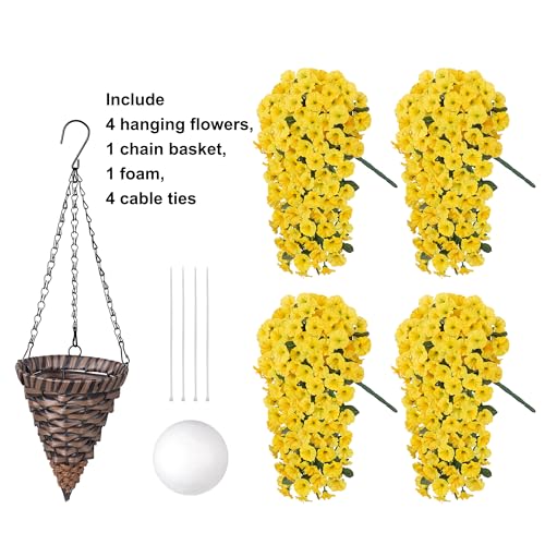 HyeFlora Artificial Fake Hanging Flowers Plants Baskets for Outdoor Outside Faux Silk Yellow Morning Glory Flowers UV Resistant Look Real Hanging Planter for Home Porch Patio Balcony Yard Decor - Image 3