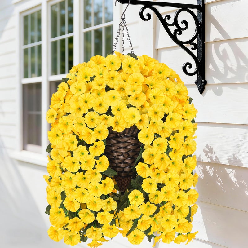 HyeFlora Artificial Fake Hanging Flowers Plants Baskets for Outdoor Outside Faux Silk Yellow Morning Glory Flowers UV Resistant Look Real Hanging Planter for Home Porch Patio Balcony Yard Decor - Image 2