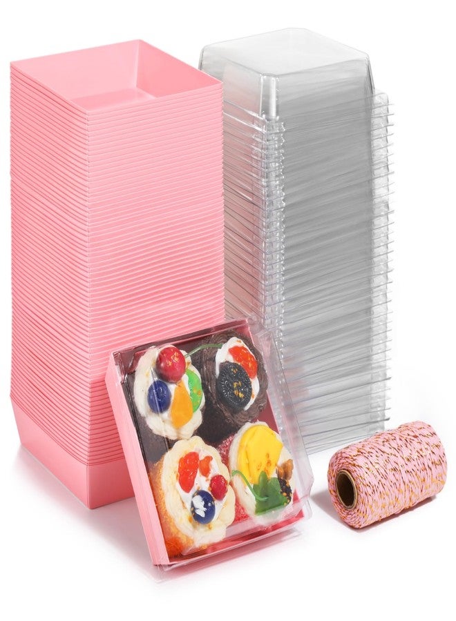 Homaisson 150 Pcs Disposable Cake Containers with Lids, Charcuterie Boxes, Square Pink Dessert Storage, Transparent Plastic Covers, Includes 1 Roll Cotton String for Easy Packaging - Image 1