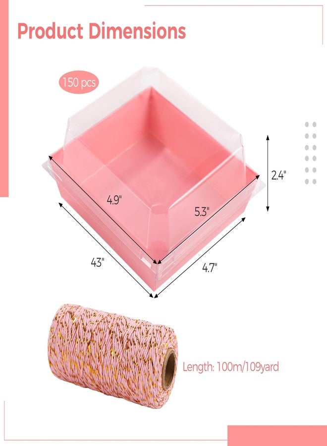 Homaisson 150 Pcs Disposable Cake Containers with Lids, Charcuterie Boxes, Square Pink Dessert Storage, Transparent Plastic Covers, Includes 1 Roll Cotton String for Easy Packaging - Image 3