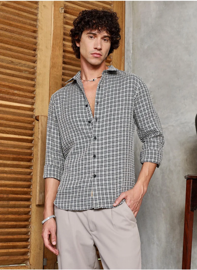 Campus Sutra Men's Onyx Black Bi-Check Shirt