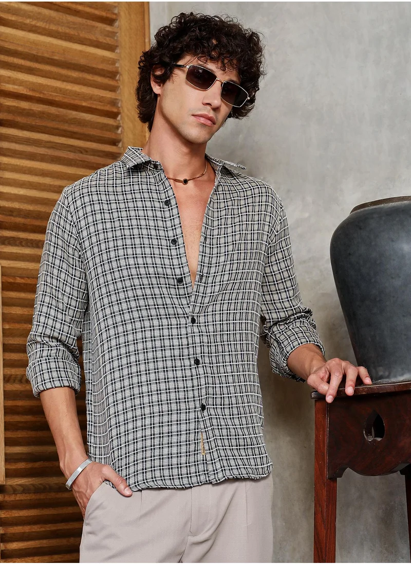 Campus Sutra Men's Onyx Black Bi-Check Shirt