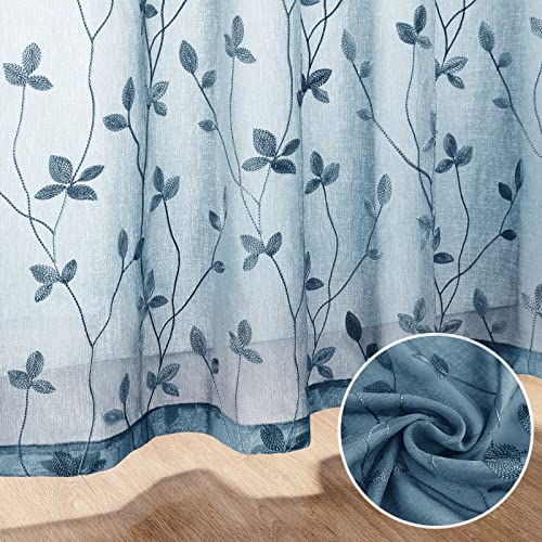 HOMEIDEAS Cyan Blue Sheer Curtains 52 X 84 Inches Length 2 Panels Embroidered Vine Floral Pattern Pocket Faux Linen Semi Sheer Voile Window Drapes for Bedroom Living Room - Image 3