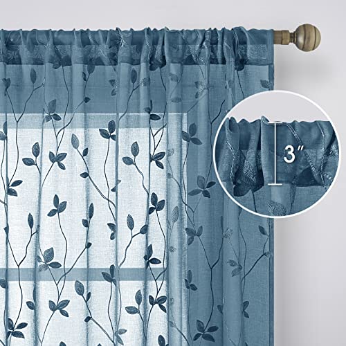 HOMEIDEAS Cyan Blue Sheer Curtains 52 X 84 Inches Length 2 Panels Embroidered Vine Floral Pattern Pocket Faux Linen Semi Sheer Voile Window Drapes for Bedroom Living Room - Image 5
