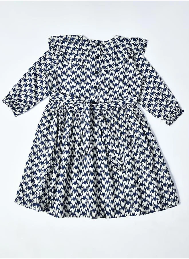 BELLA MODA Bella Moda All-Over Abstract Print Ruffle Trim Cotton Dress