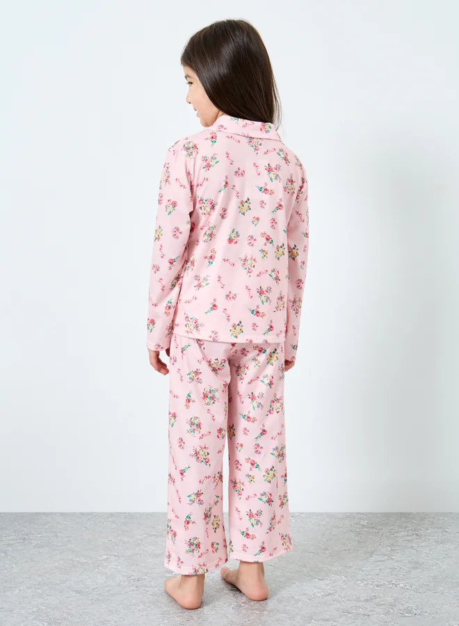 Styli Styli Girls Floral Print Shirt and Pyjama Set