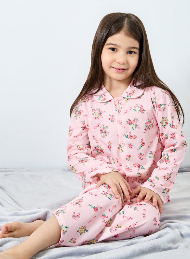 ستايلي طقم بيجامة وقميص بناتي بطبعة زهور - Image 1
