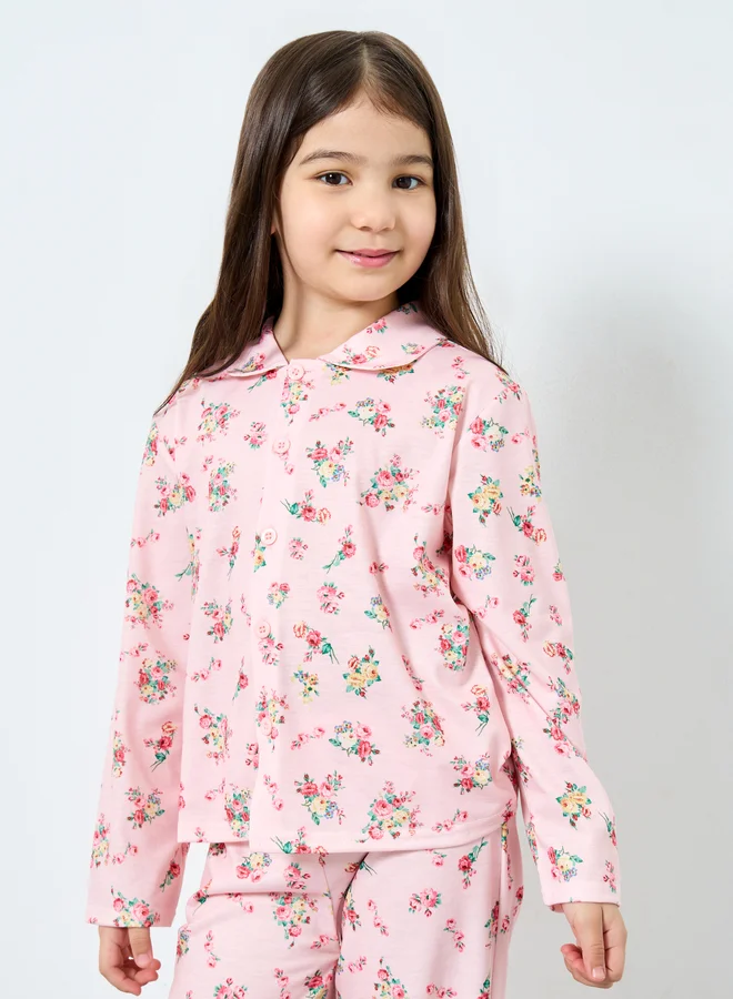 Styli Styli Girls Floral Print Shirt and Pyjama Set