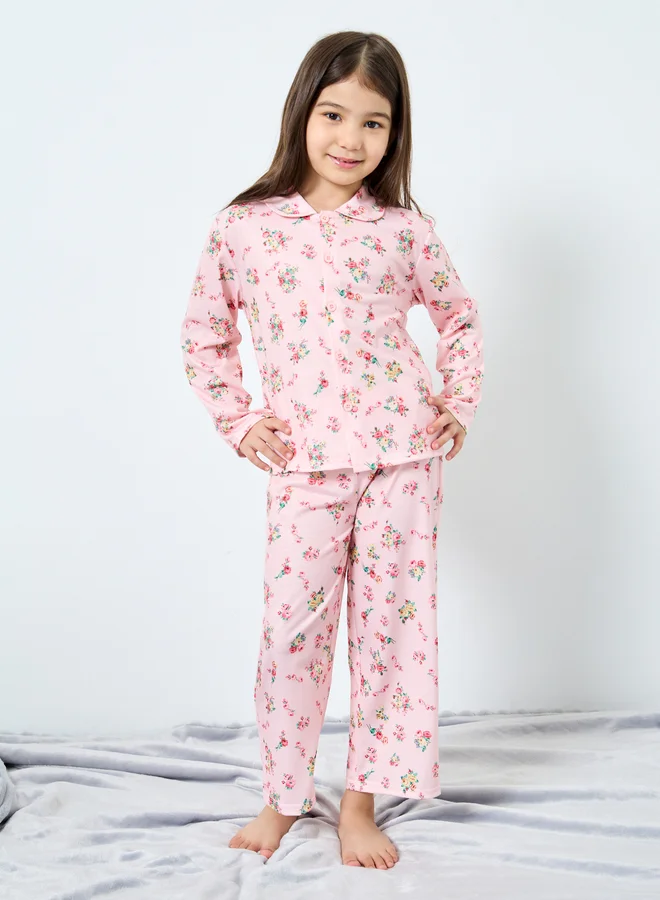 ستايلي Styli Girls Floral Print Shirt and Pyjama Set