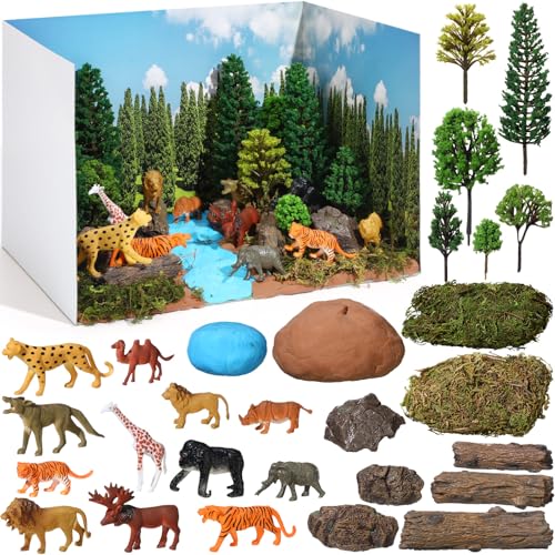 Simgoing 55 Pieces Rainforest Diorama Kit Rainforest Diorama Supplies Include Animals Figures Model Trees Artificial Tree Fake Rocks Sand Stone Moss with Gift Box for Gifts Project Birthday - Image 1
