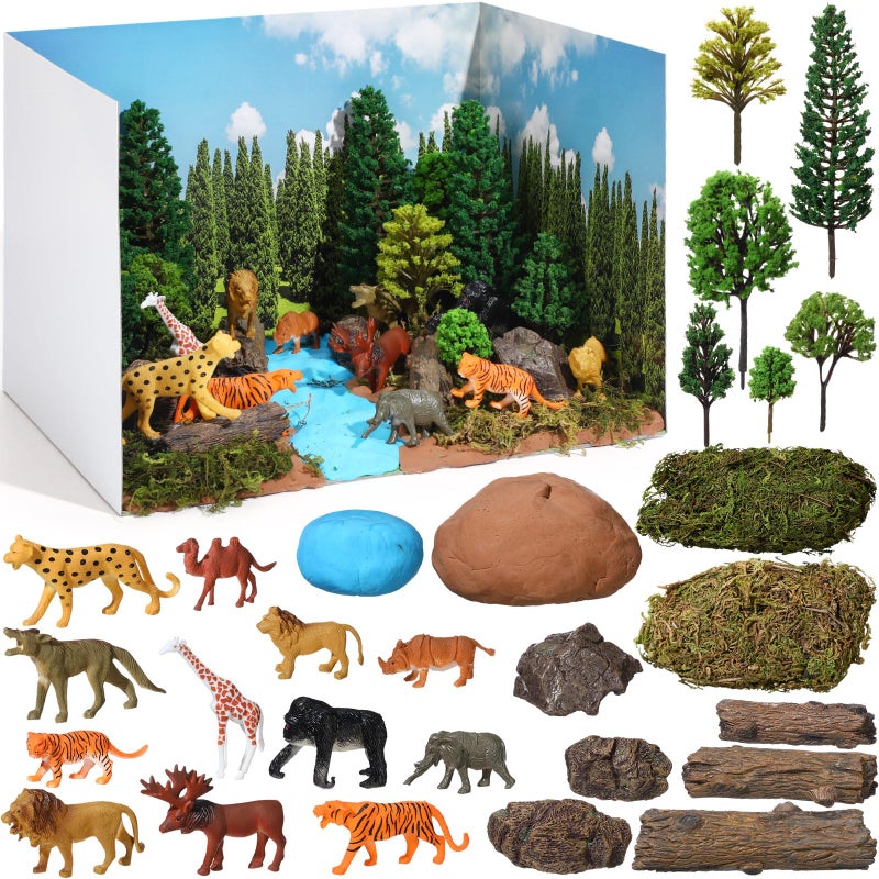 Simgoing 55 Pieces Rainforest Diorama Kit Rainforest Diorama Supplies Include Animals Figures Model Trees Artificial Tree Fake Rocks Sand Stone Moss with Gift Box for Gifts Project Birthday - Image 2