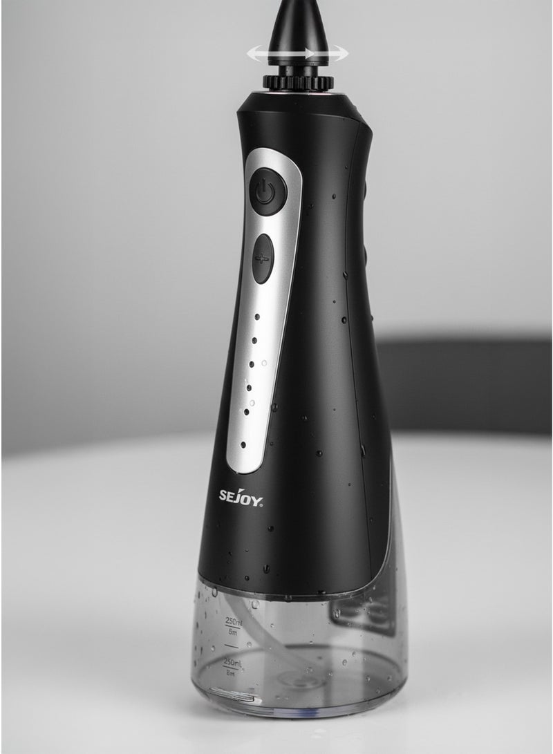 سيجوي جهاز تنظيف الأسنان بالماء اللاسلكي Sejoy C91-BLA، 6 فوهات، 3 أوضاع ضغط، قابل لإعادة الشحن عبر USB، جهاز ري فموي مقاوم للماء - أسود - Image 3