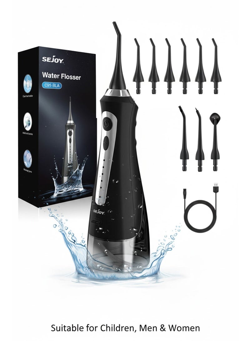سيجوي جهاز تنظيف الأسنان بالماء اللاسلكي Sejoy C91-BLA، 6 فوهات، 3 أوضاع ضغط، قابل لإعادة الشحن عبر USB، جهاز ري فموي مقاوم للماء - أسود - Image 1