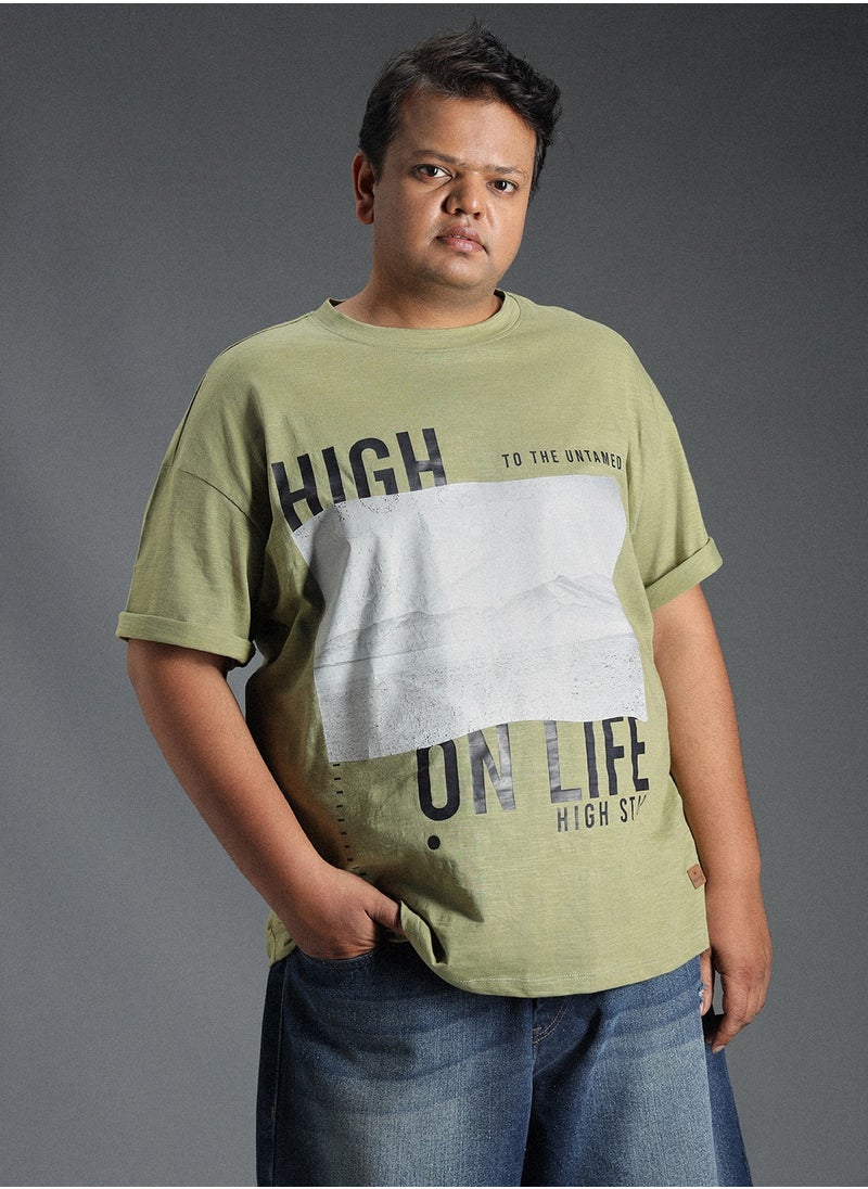 HIGH STAR - Regular Green T-Shirt for Men with Printed Design and Crew Neck - Image 1