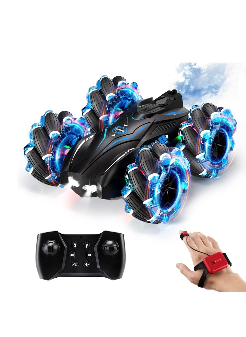 RC Gesture Sensing Stunt Car 2.4GHz 4WD Remote Control Car with Cool Light Double Sided Rotating Off Road Vehicle 360° Flips Cars Outdoor Toys Car for Kids Birthday Gifts Blue - Image 1