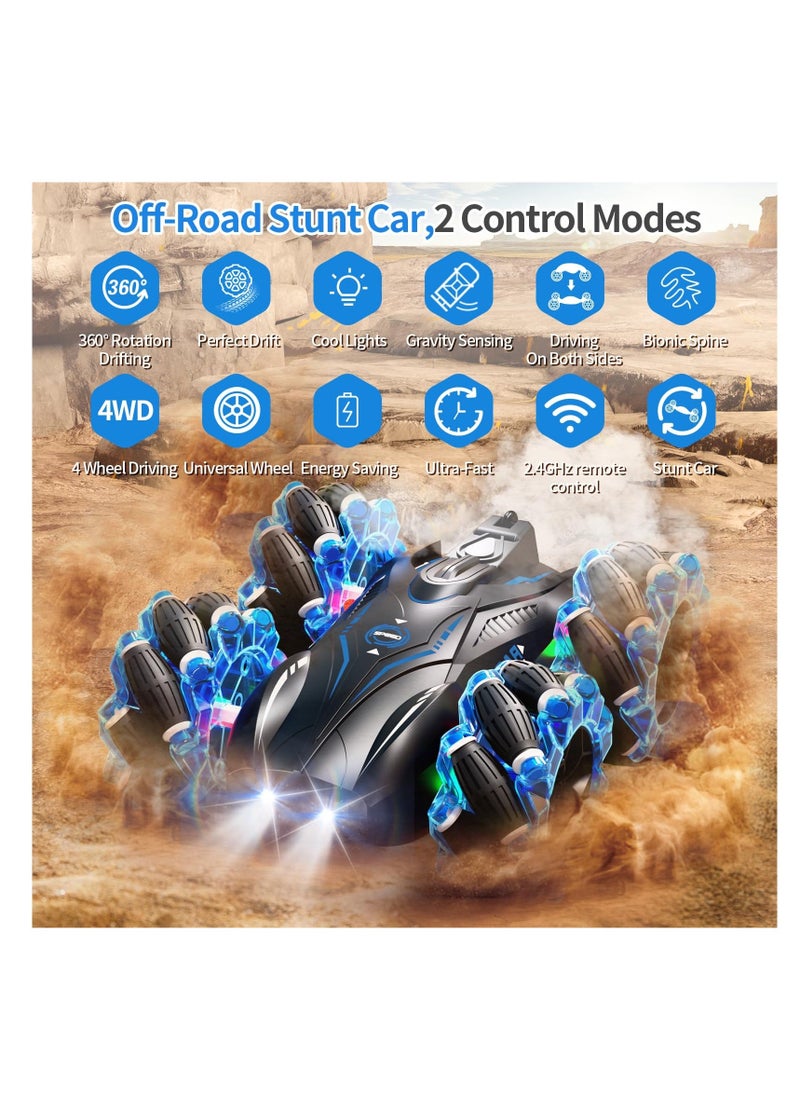 RC Gesture Sensing Stunt Car 2.4GHz 4WD Remote Control Car with Cool Light Double Sided Rotating Off Road Vehicle 360° Flips Cars Outdoor Toys Car for Kids Birthday Gifts Blue - Image 3