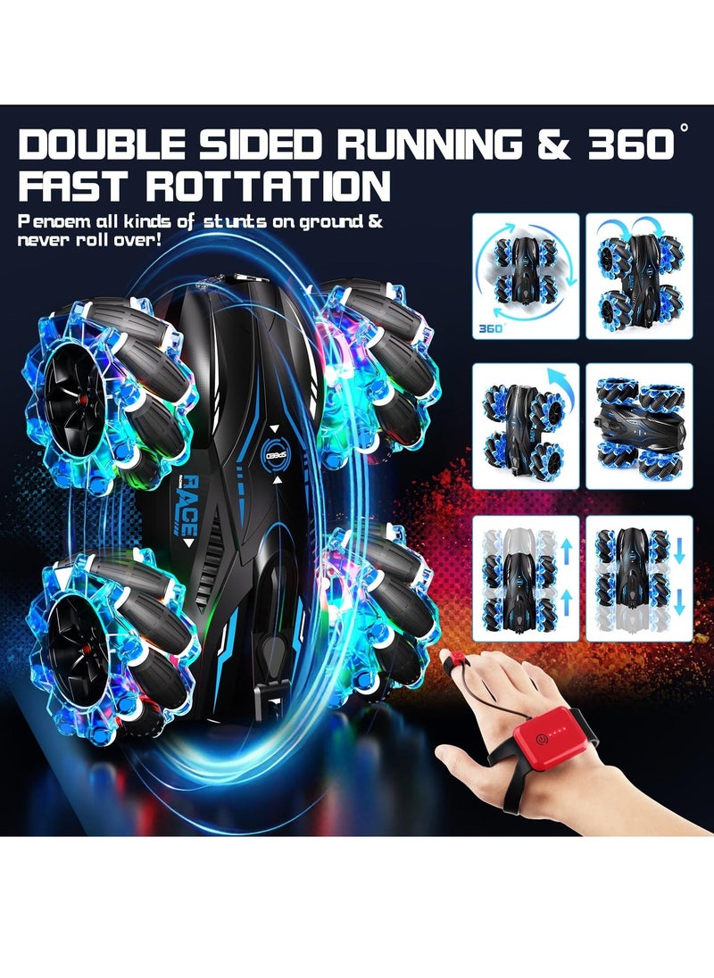 RC Gesture Sensing Stunt Car 2.4GHz 4WD Remote Control Car with Cool Light Double Sided Rotating Off Road Vehicle 360° Flips Cars Outdoor Toys Car for Kids Birthday Gifts Blue - Image 2