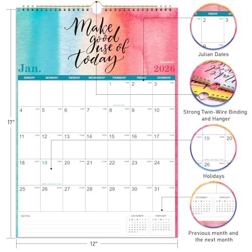 Journaltastic 2026 Calendar - 2026 Wall Calendar, January 2026 - December 2026, 12 Monthly with Thick Paper, 12" x 17", Large Blocks with Julian Dates, Twin-Wire Binding, Hanging Hole - Image 5