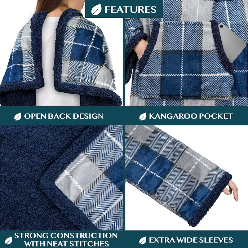 PAVILIA PAVILIA Sherpa Wearable Blanket with Sleeves for Adults Women Men  Soft Warm Full Body Wrap Fleece Throw  Pocket  Cozy Pullover Robe Blanket with Arm  Gifts for Christmas Mom Wife  Plaid Navy Blue  - Image 3
