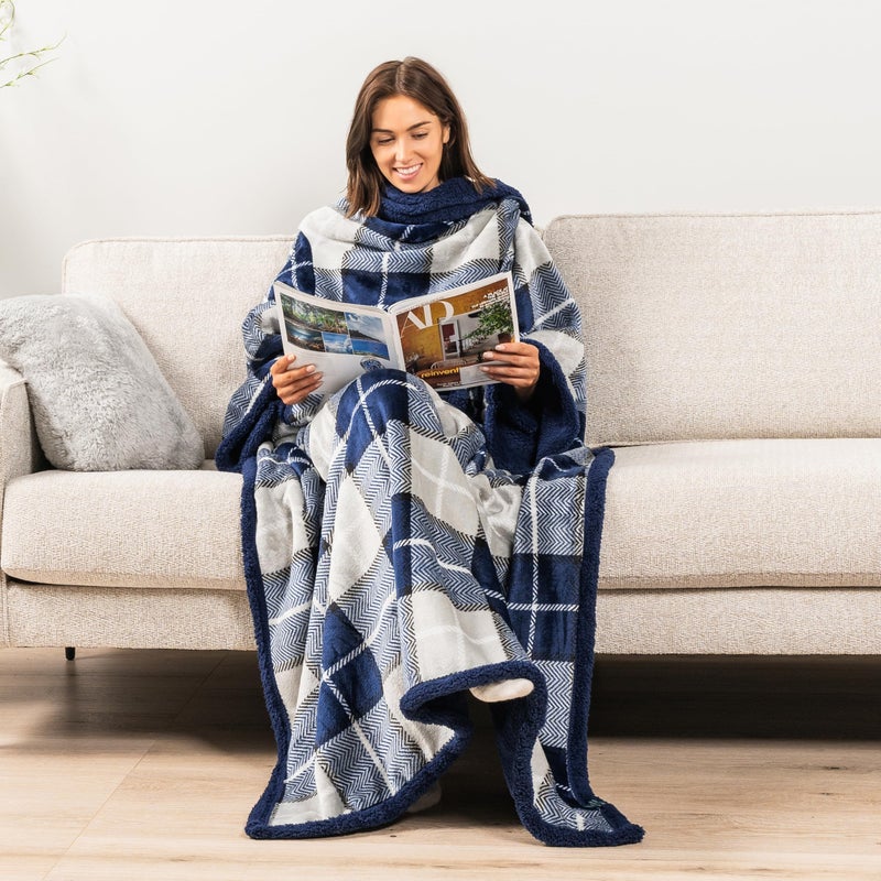 PAVILIA PAVILIA Sherpa Wearable Blanket with Sleeves for Adults Women Men  Soft Warm Full Body Wrap Fleece Throw  Pocket  Cozy Pullover Robe Blanket with Arm  Gifts for Christmas Mom Wife  Plaid Navy Blue  - Image 2